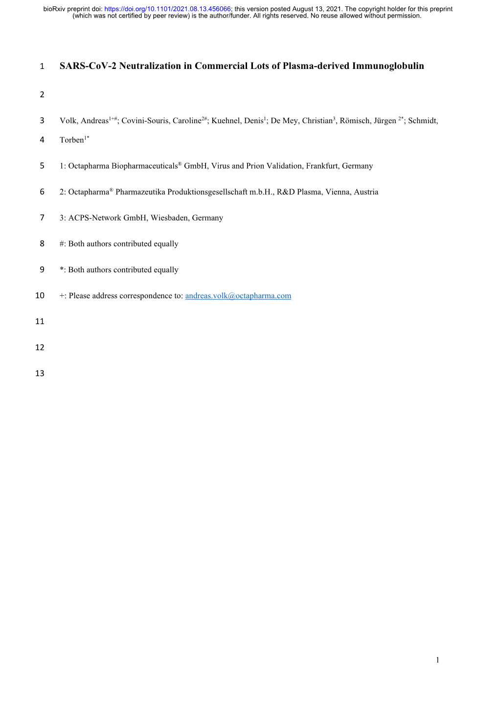 SARS-Cov-2 Neutralization in Commercial Lots of Plasma-Derived Immunoglobulin