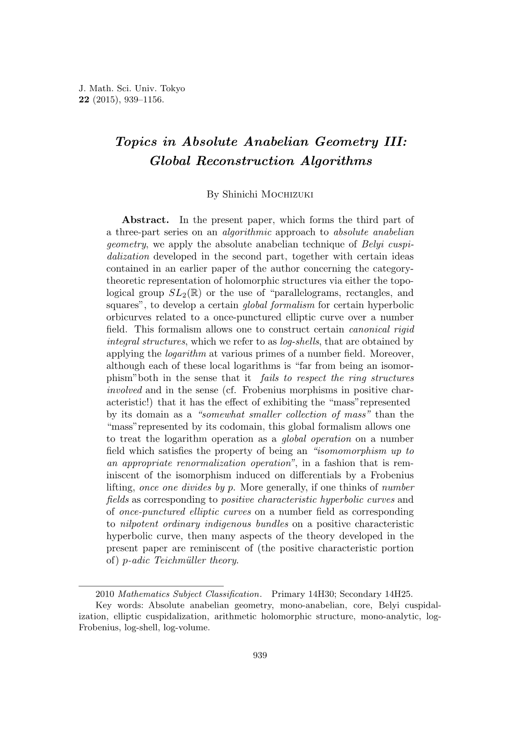Topics in Absolute Anabelian Geometry III: Global Reconstruction Algorithms