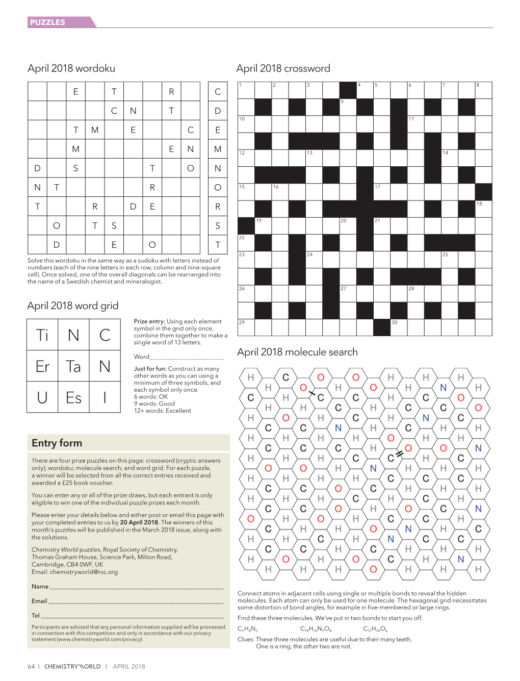 Chemistry World Puzzles April 2018