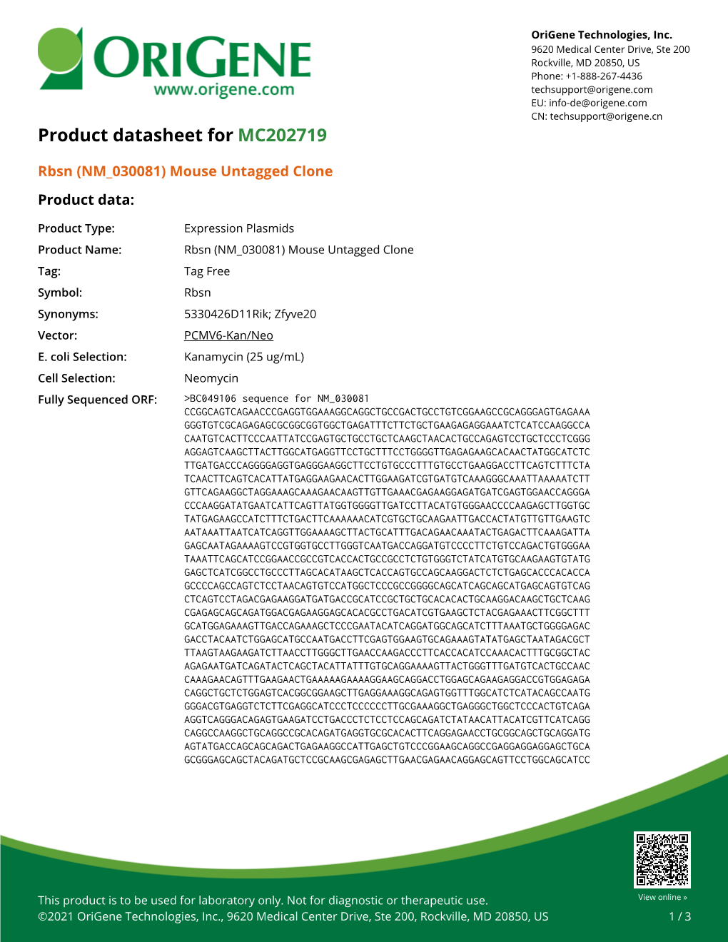 Rbsn (NM 030081) Mouse Untagged Clone – MC202719 | Origene