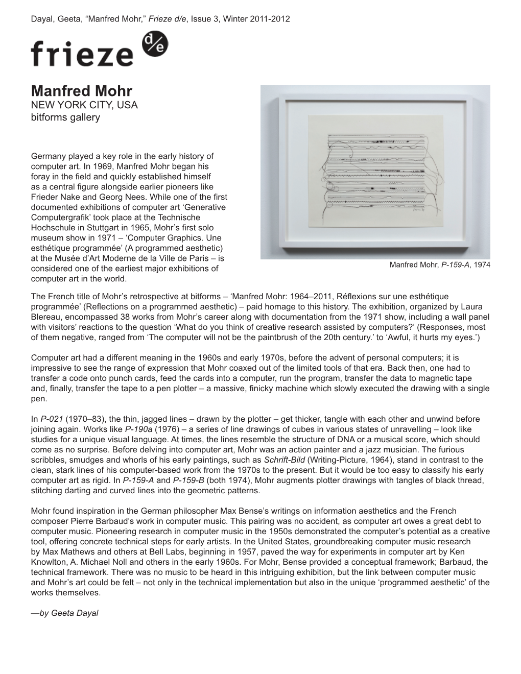 Manfred Mohr,” Frieze D/E, Issue 3, Winter 2011-2012