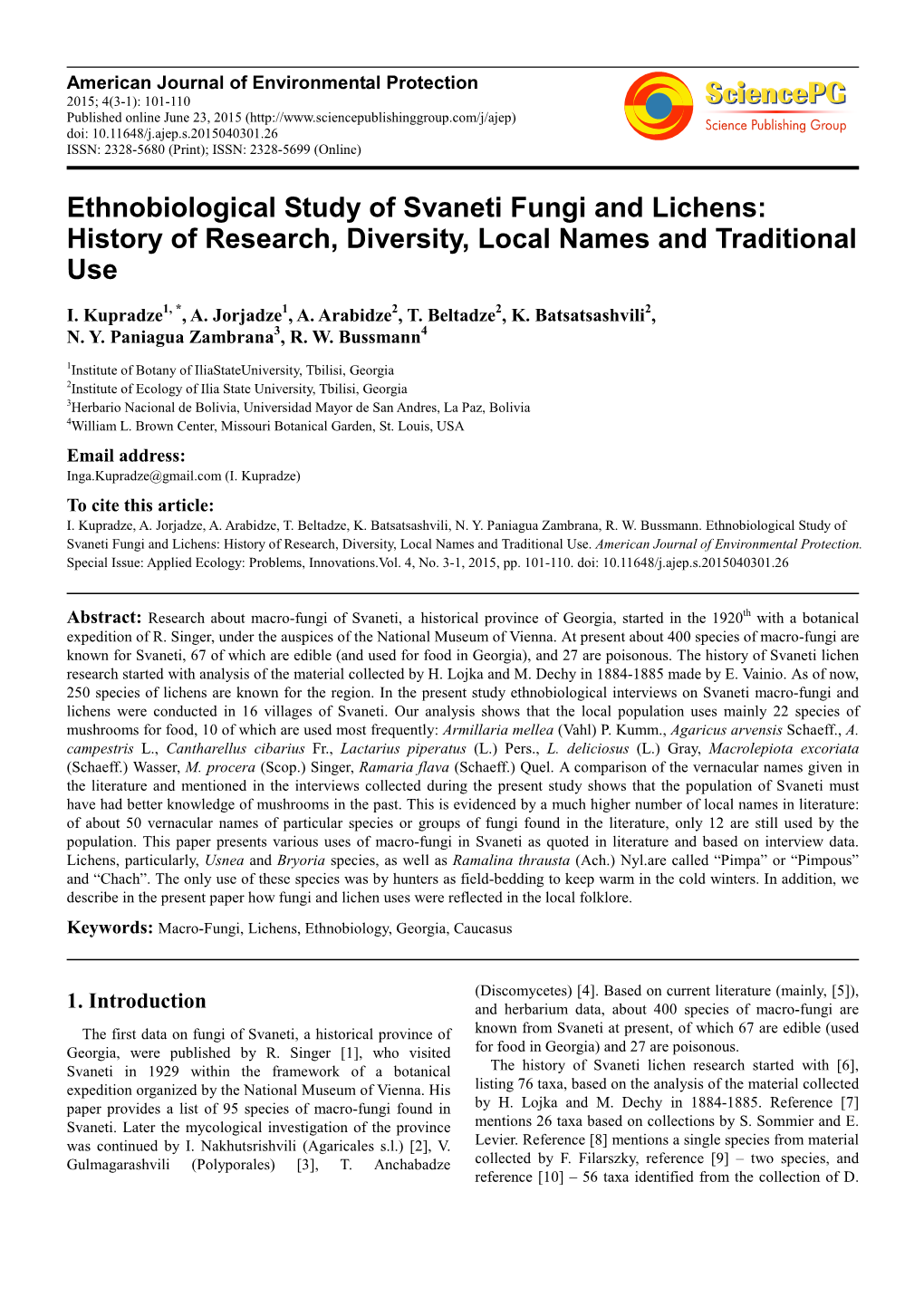 Ethnobiological Study of Svaneti Fungi and Lichens: History of Research, Diversity, Local Names and Traditional Use