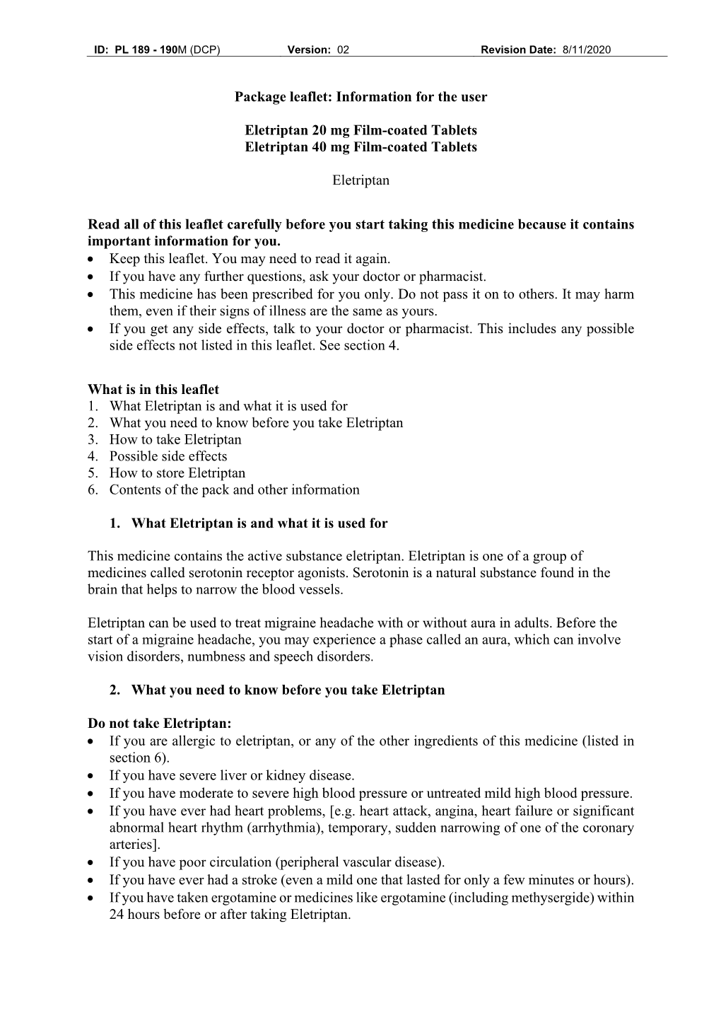 Package Leaflet: Information for the User Eletriptan 20 Mg Film-Coated