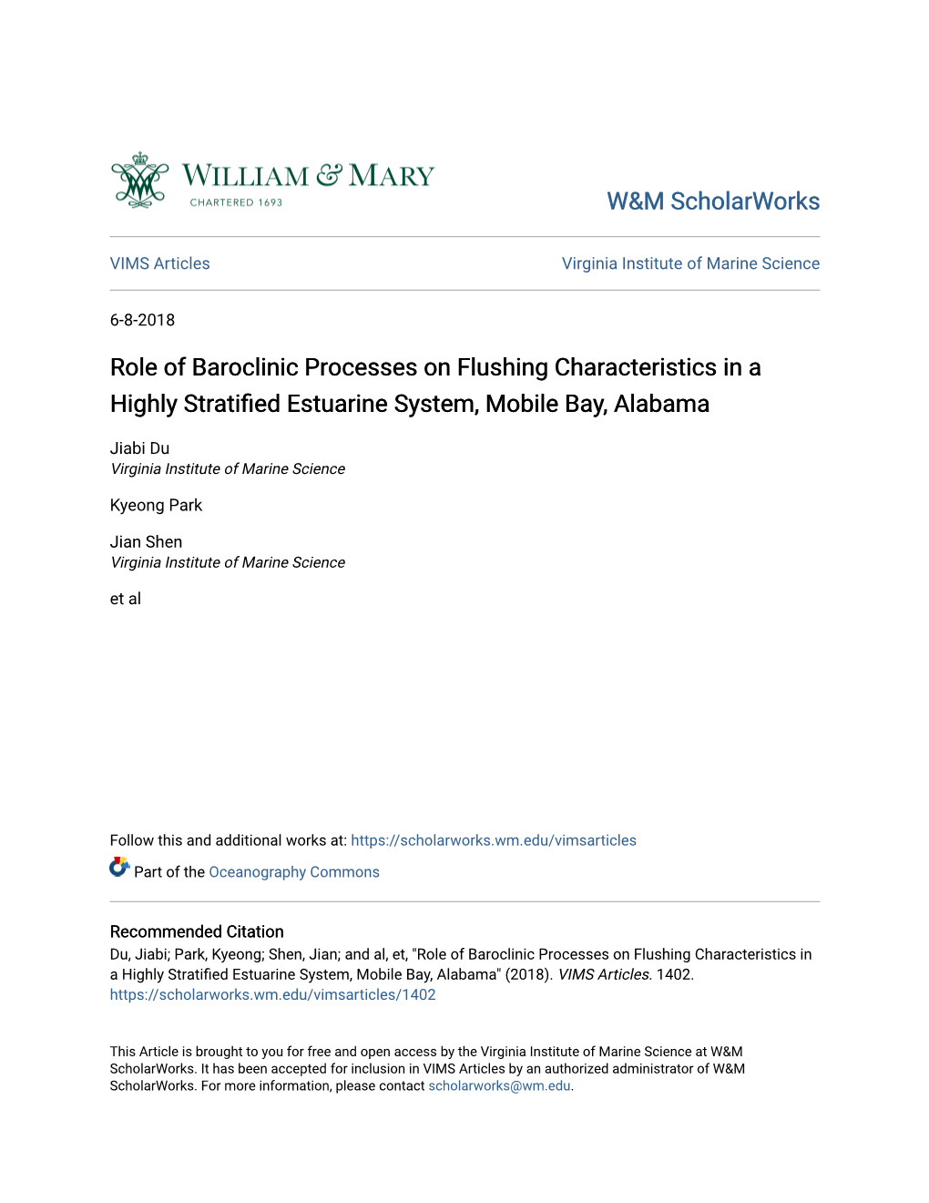 Role of Baroclinic Processes on Flushing Characteristics in a Highly Stratified Estuarine System, Mobile Bay, Alabama