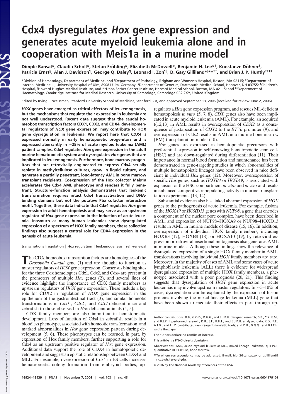 Cdx4 Dysregulates Hox Gene Expression and Generates Acute Myeloid Leukemia Alone and in Cooperation with Meis1a in a Murine Model