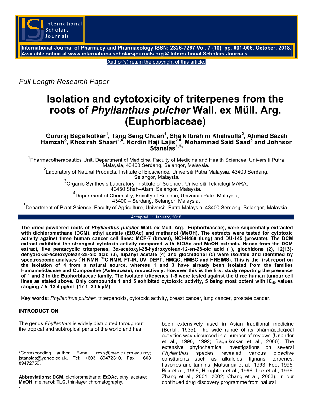 Isolation and Cytotoxicity of Triterpenes from the Roots of Phyllanthus Pulcher Wall