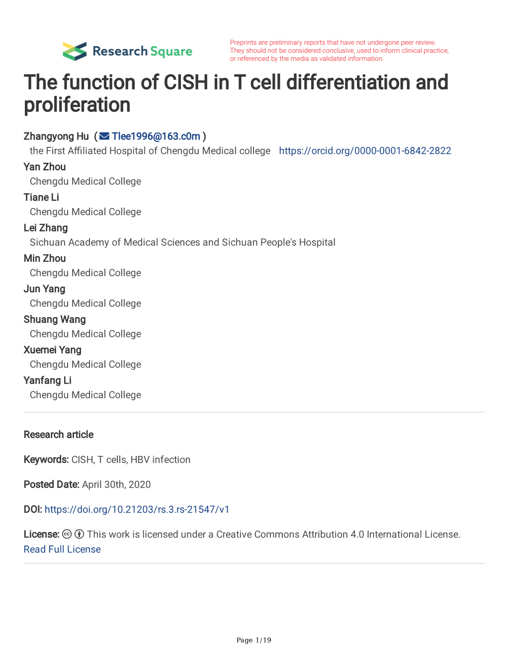 The Function of CISH in T Cell Differentiation and Proliferation