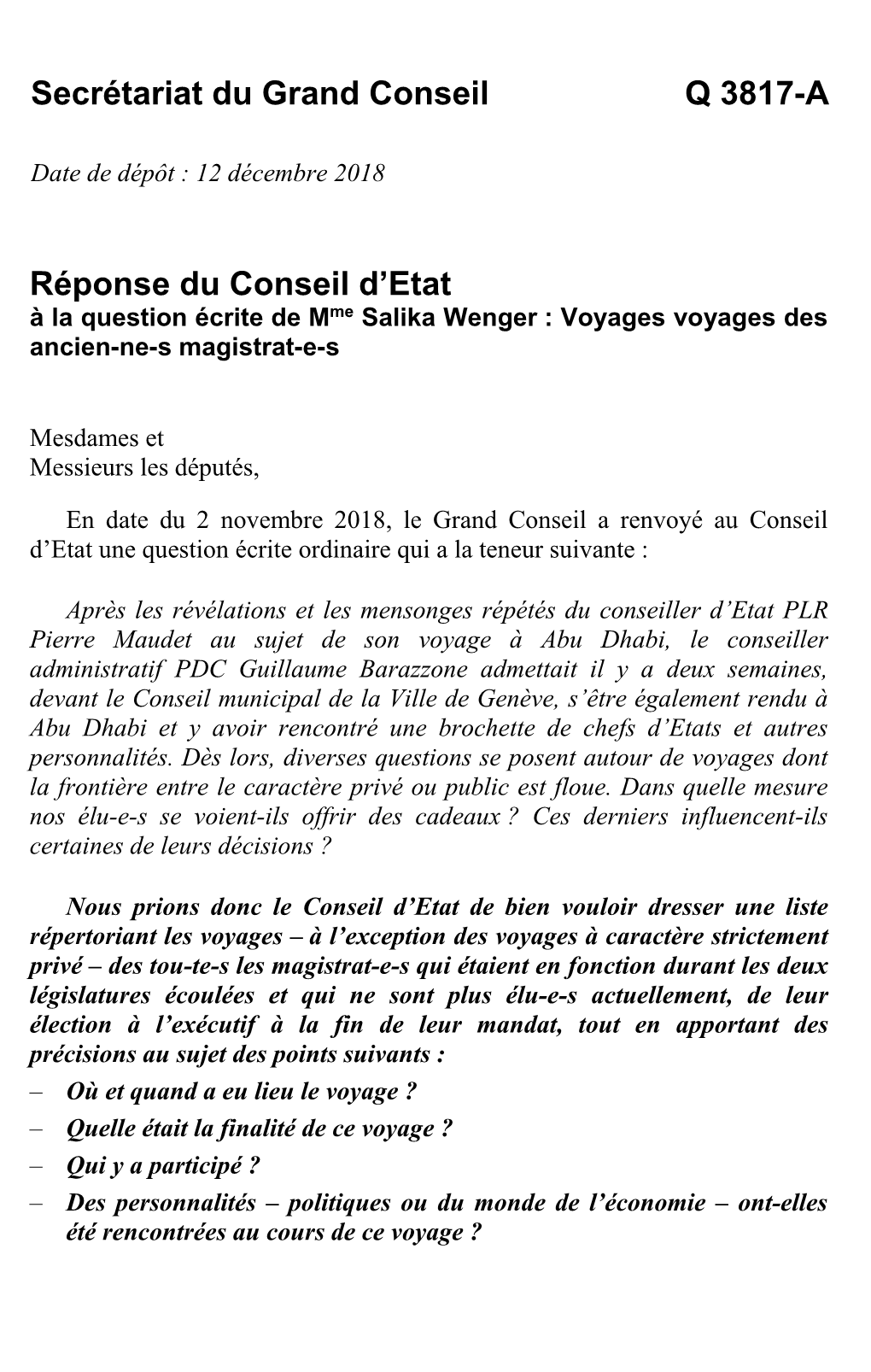 Q 3817-A Réponse Du Conseil D'etat