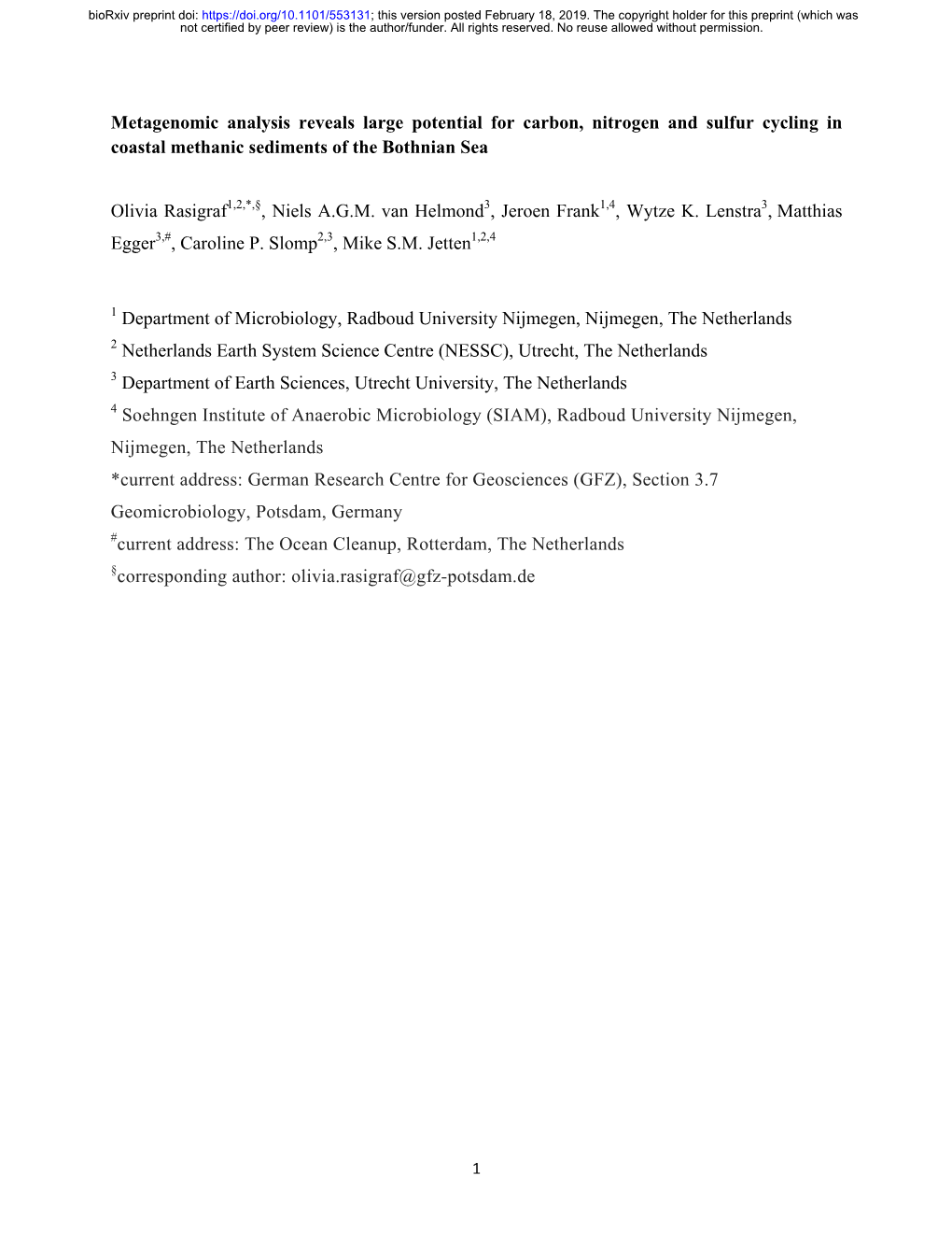 Metagenomic Analysis Reveals Large Potential for Carbon, Nitrogen and Sulfur Cycling in Coastal Methanic Sediments of the Bothnian Sea