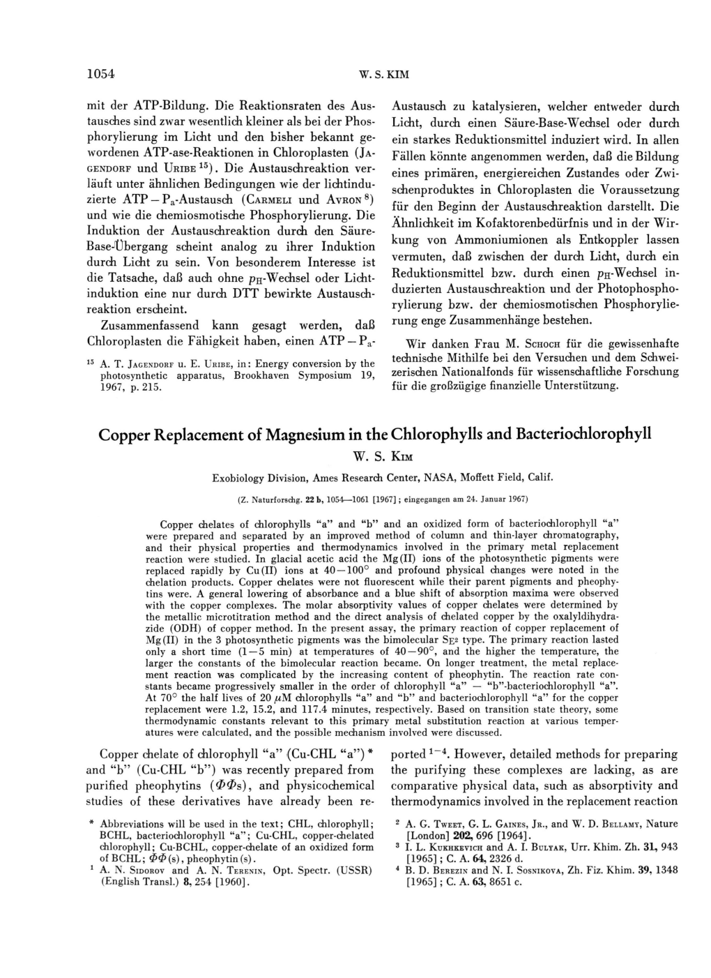 Copper Replacement of Magnesium in the Chlorophylls and Bacteriochlorophyll