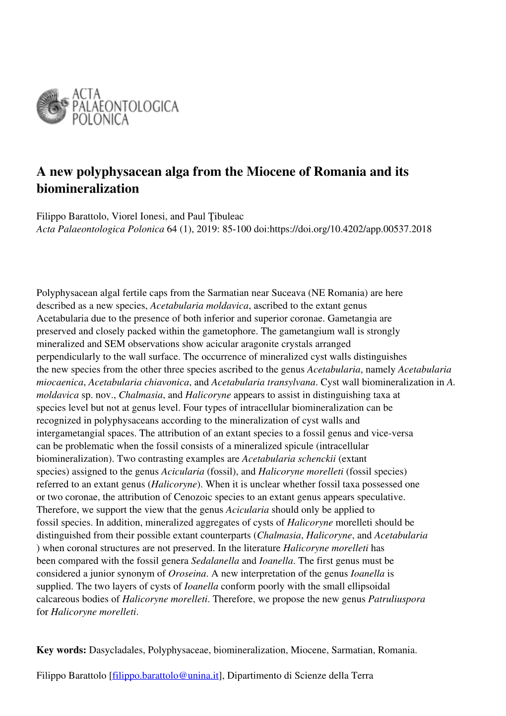 A New Polyphysacean Alga from the Miocene of Romania and Its Biomineralization