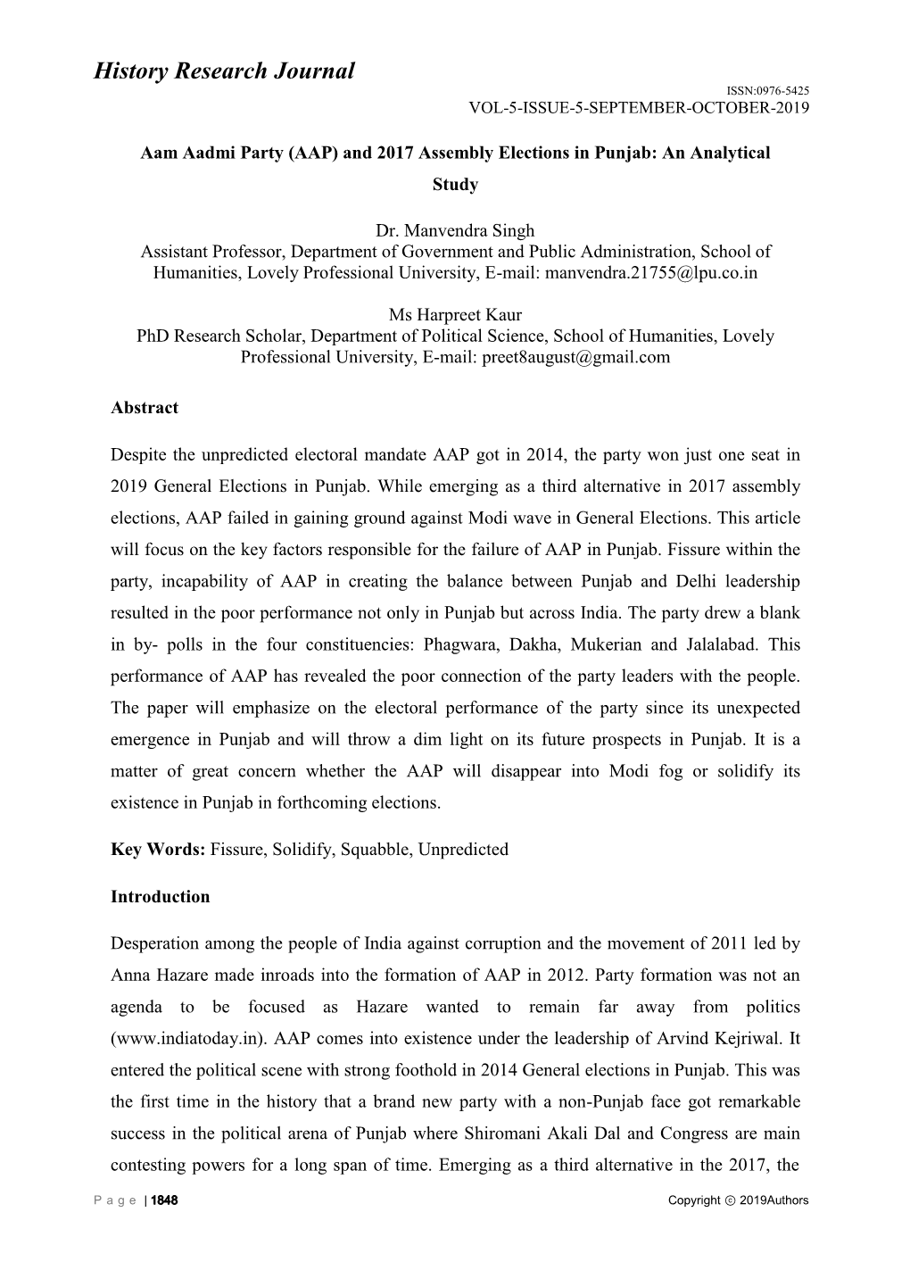 History Research Journal ISSN:0976-5425 VOL-5-ISSUE-5-SEPTEMBER-OCTOBER-2019