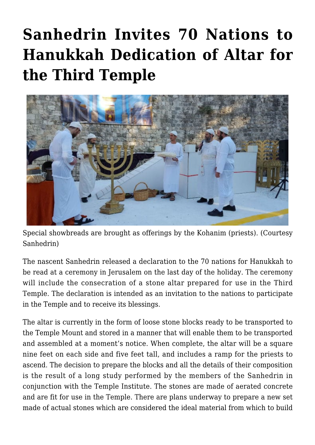 Sanhedrin Invites 70 Nations to Hanukkah Dedication of Altar for the Third Temple