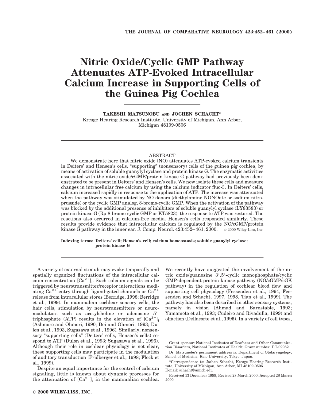 Nitric Oxide/Cyclic GMP Pathway Attenuates ATP-Evoked Intracellular Calcium Increase in Supporting Cells of the Guinea Pig Cochlea