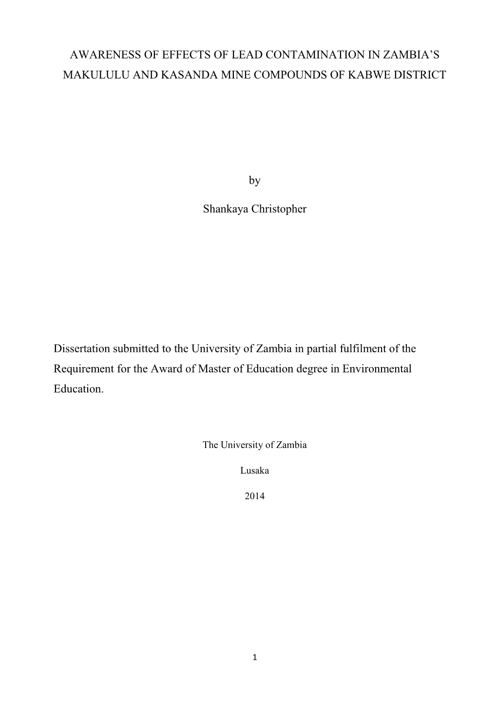 Awareness of Effects of Lead Contamination in Zambia's