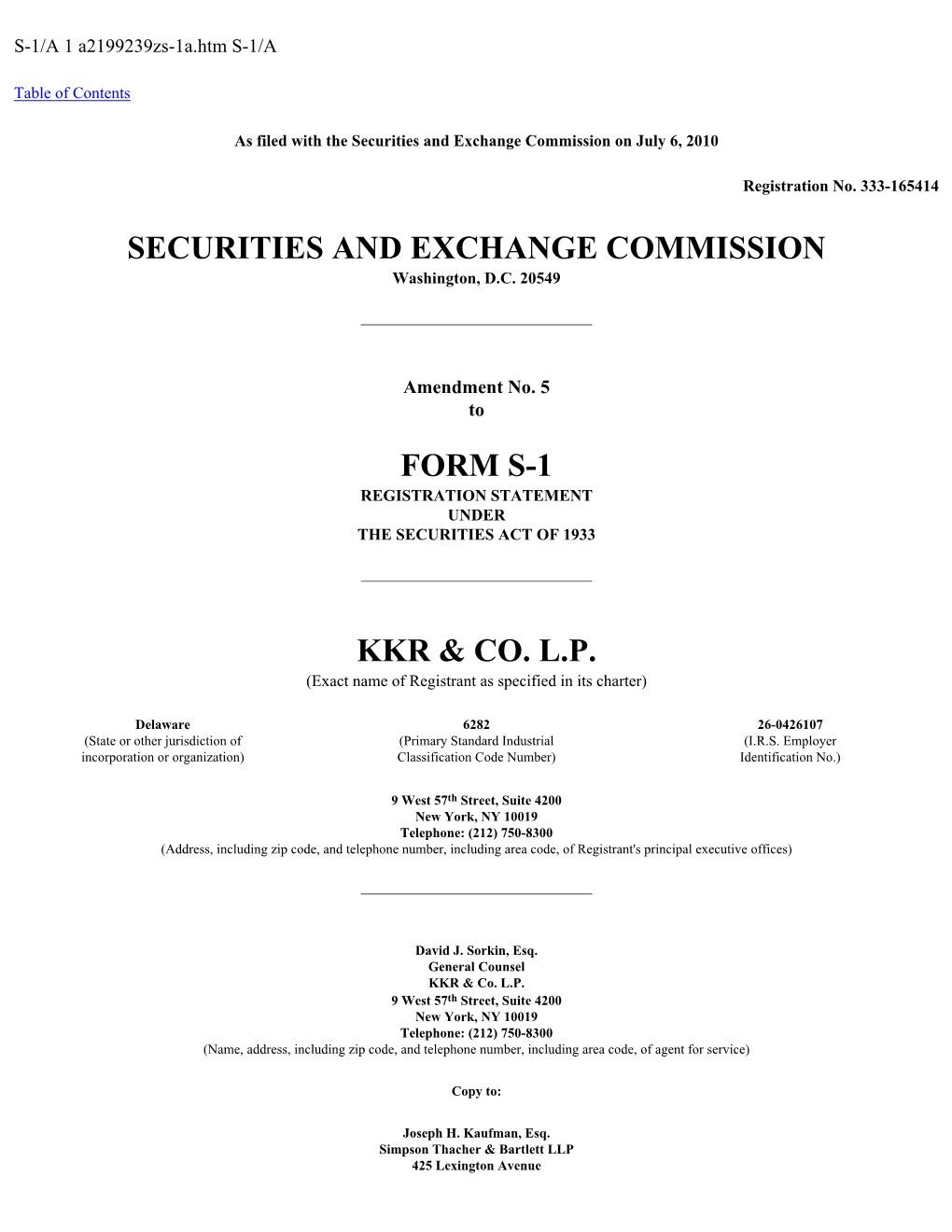 Securities and Exchange Commission Form S-1 Kkr