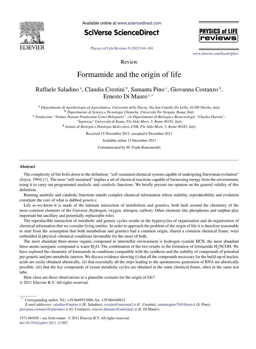 Formamide and the Origin of Life