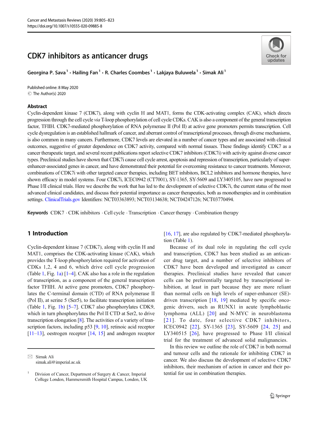 CDK7 Inhibitors As Anticancer Drugs