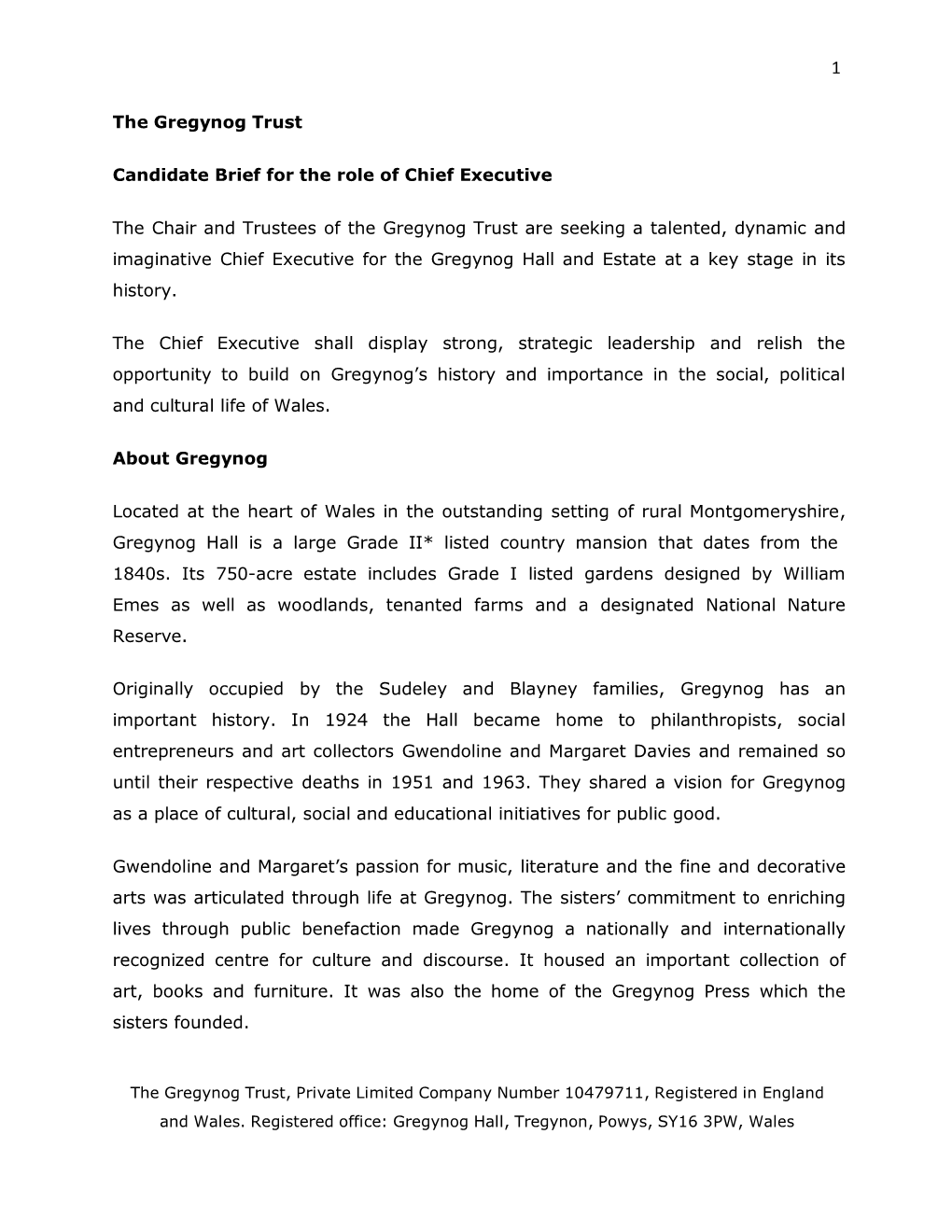 The Gregynog Trust Candidate Brief for the Role of Chief Executive The