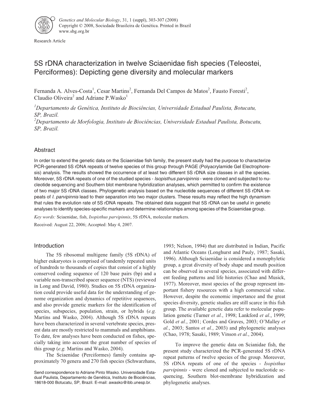 5S Rdna Characterization in Twelve Sciaenidae Fish Species (Teleostei, Perciformes): Depicting Gene Diversity and Molecular Markers