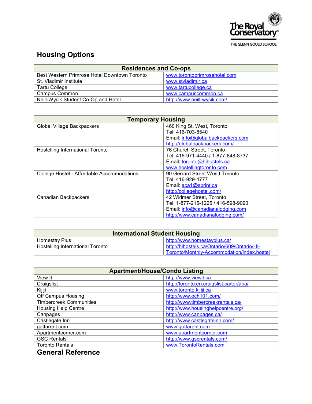 Housing Options General Reference