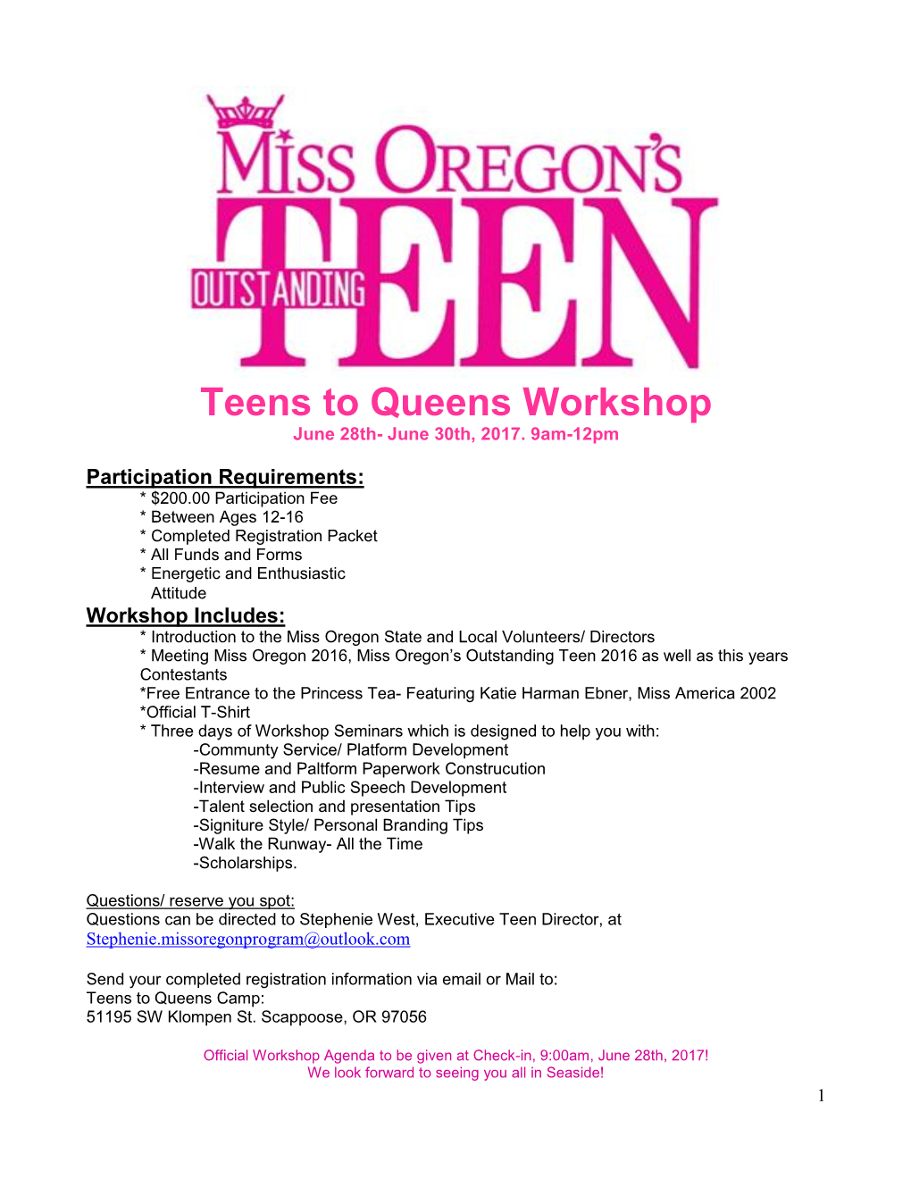 Teens to Queens Workshop June 28Th- June 30Th, 2017