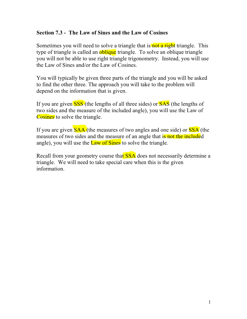 Section 7.3 - the Law of Sines and the Law of Cosines