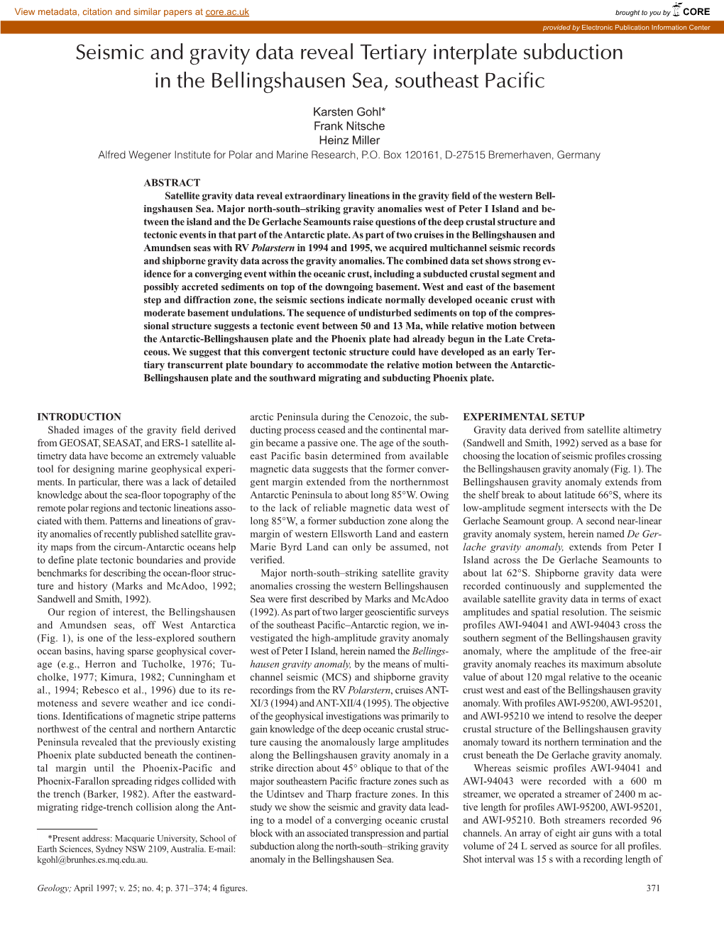 Geology: Seismic and Gravity Data Reveal Tertiary Interplate Subduction in the Bellingshausen Sea, Southeast Pacific