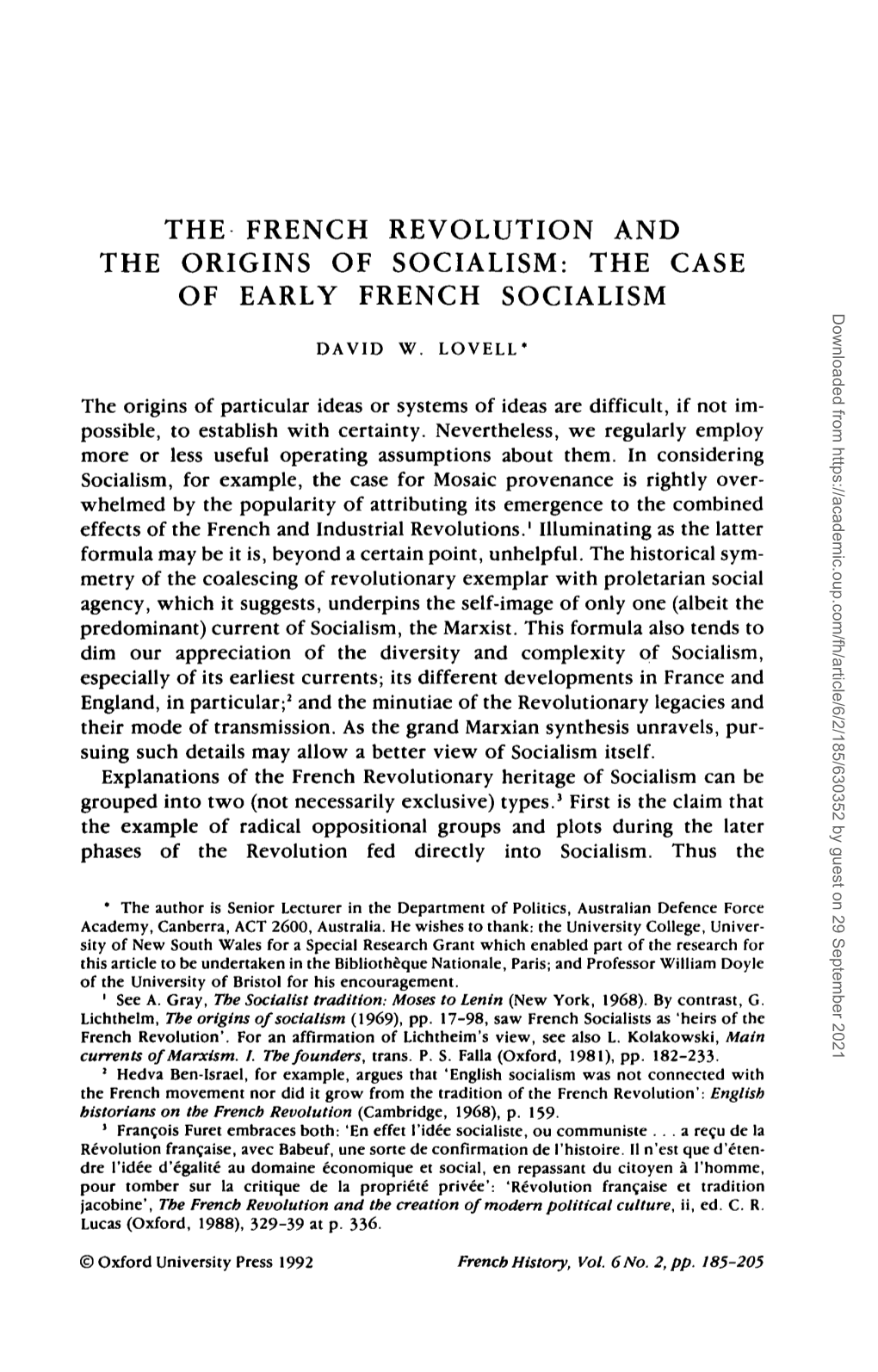 The French Revolution and the Origins of Socialism: the Case of Early French Socialism