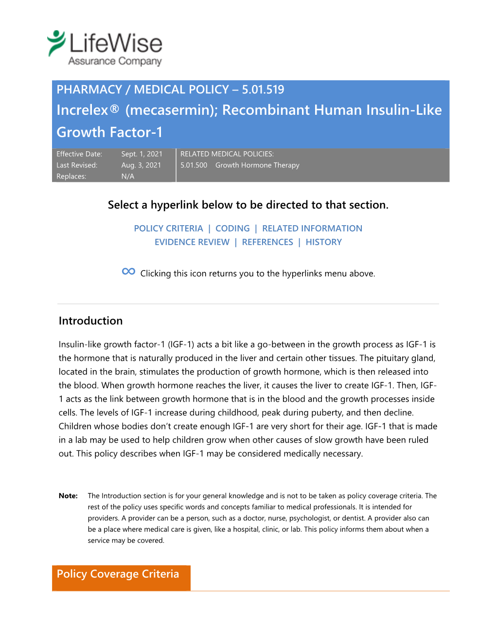 5.01.519 Increlex® (Mecasermin); Recombinant Human Insulin-Like Growth Factor-1