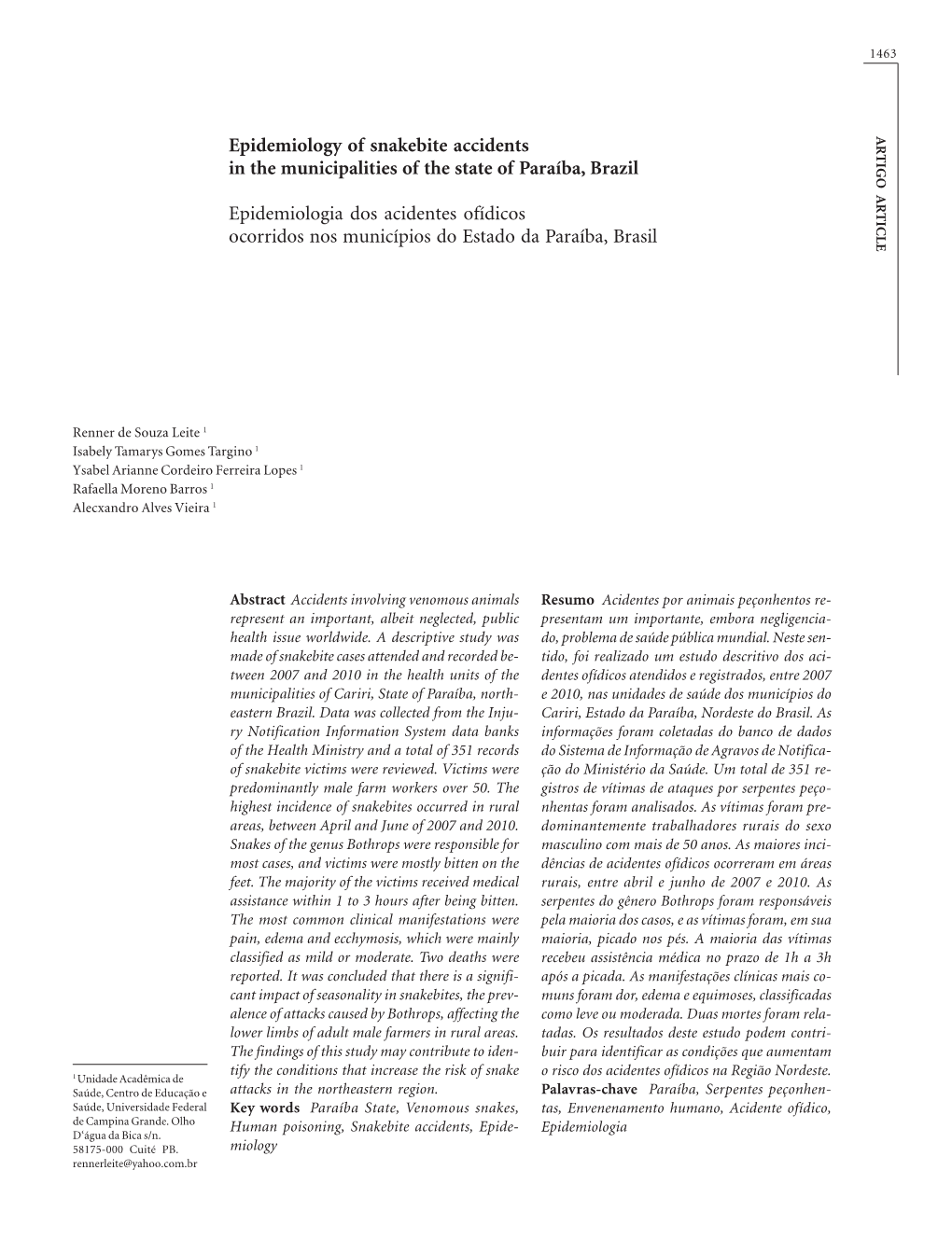 Epidemiology of Snakebite Accidents in the Municipalities of the State Of