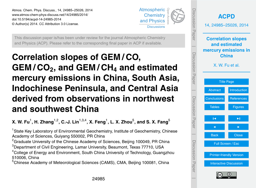 Correlation Slopes and Estimated Mercury Emissions in China