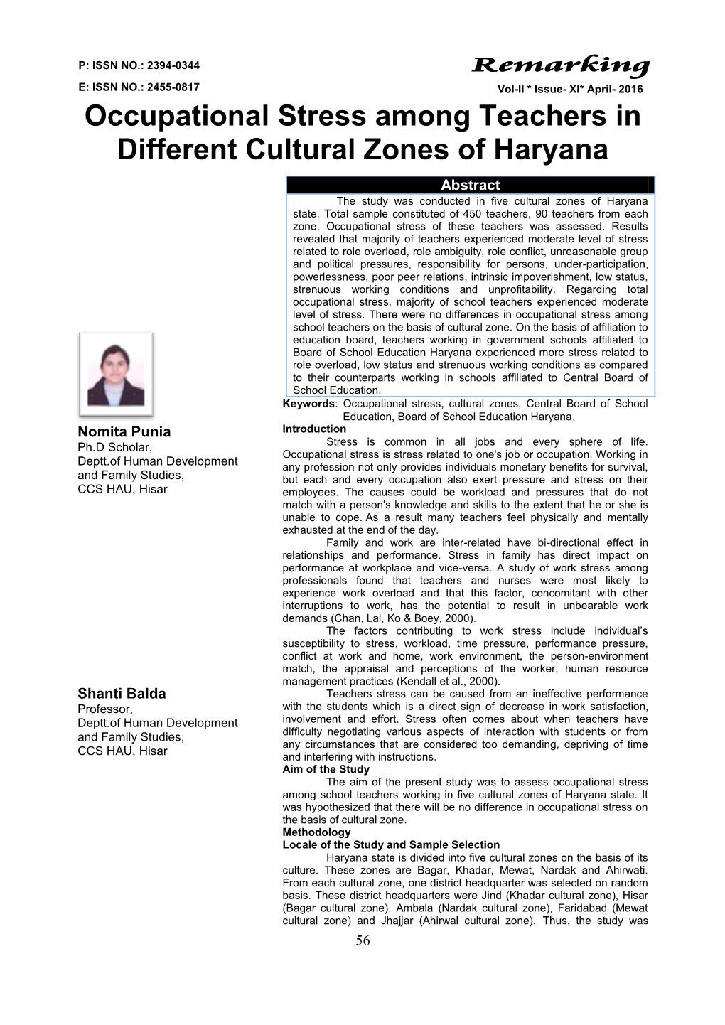 Occupational Stress Among Teachers in Different Cultural Zones of Haryana Abstract the Study Was Conducted in Five Cultural Zones of Haryana State