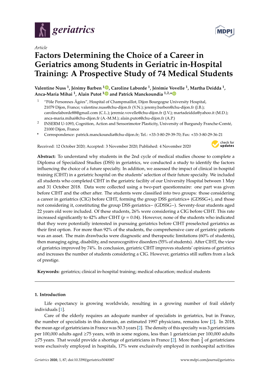 Factors Determining the Choice of a Career in Geriatrics Among Students in Geriatric In-Hospital Training: a Prospective Study of 74 Medical Students