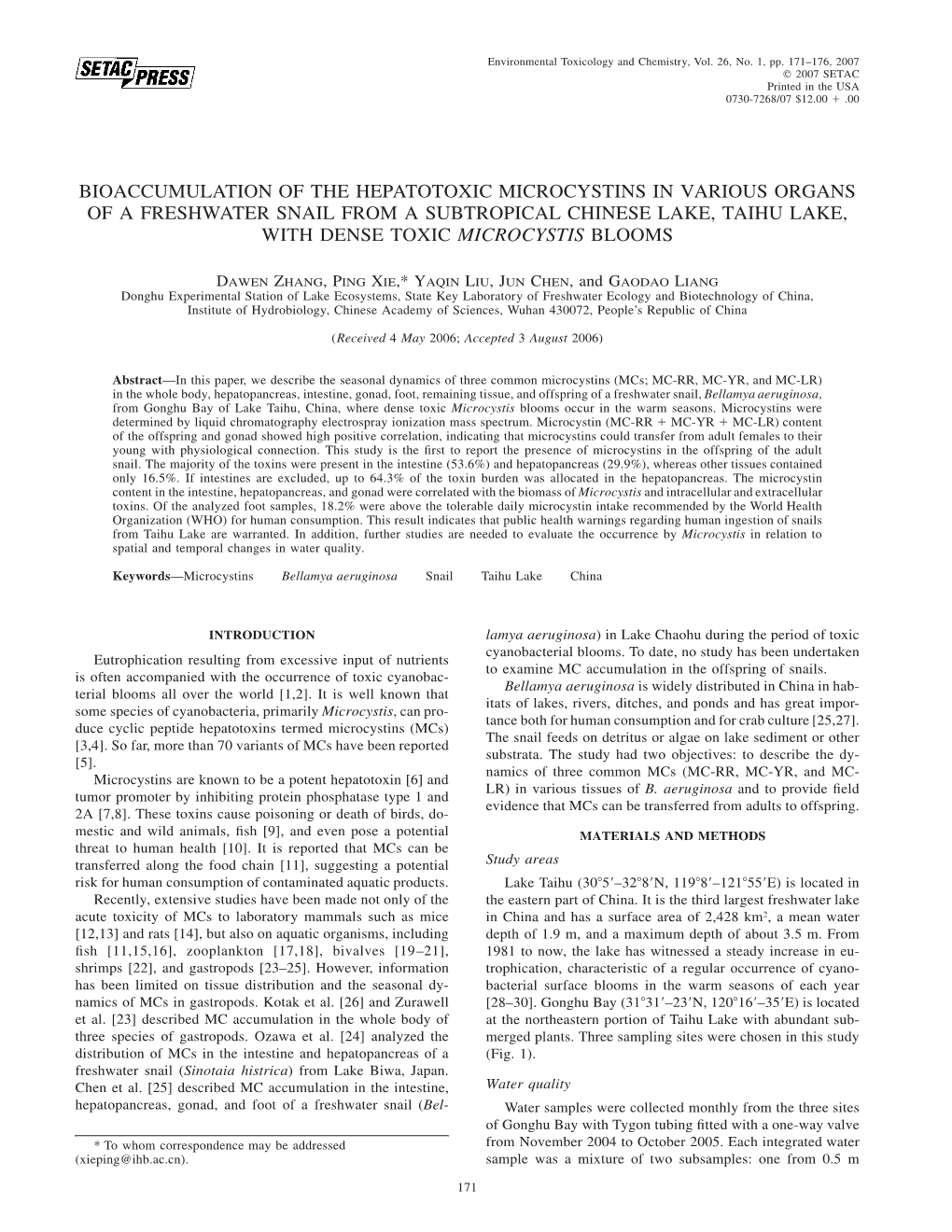 Bioaccumulation of the Hepatotoxic Microcystins in Various Organs of A