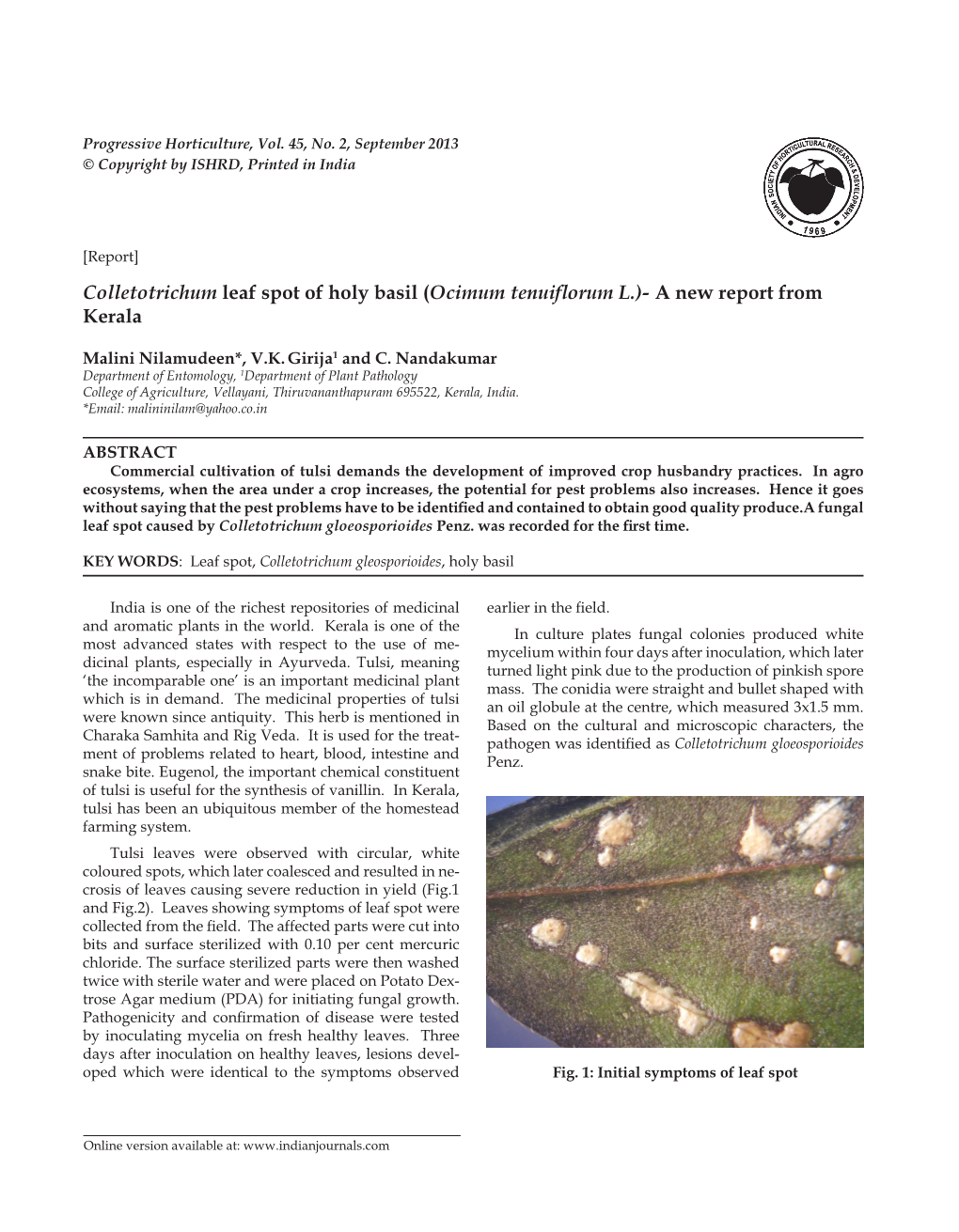 Colletotrichum Leaf Spot of Holy Basil (Ocimum Tenuiflorum L.)- a New Report from Kerala