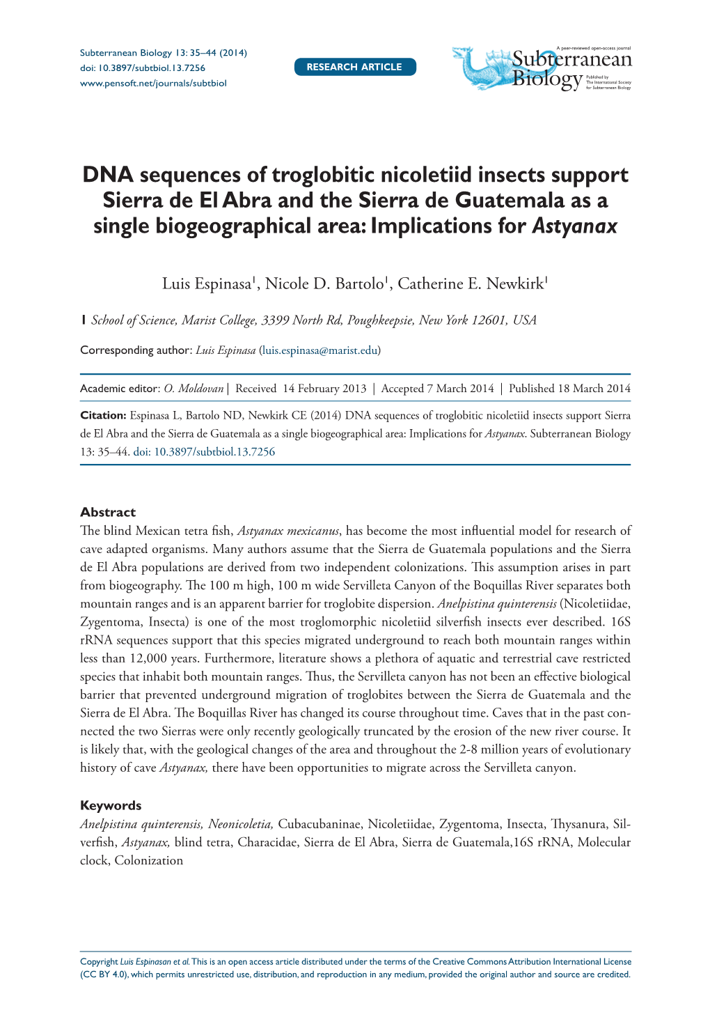 DNA Sequences of Troglobitic Nicoletiid Insects Support Sierra De El Abra and the Sierra De Guatemala As a Single Biogeographical Area: Implications for Astyanax