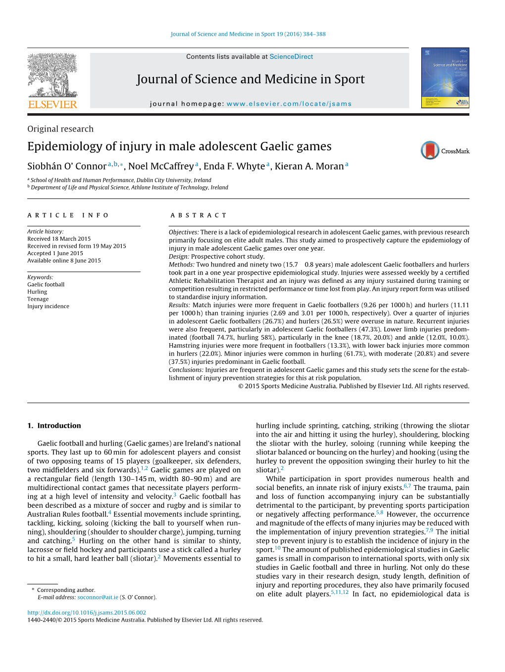 Epidemiology of Injury in Male Adolescent Gaelic Games