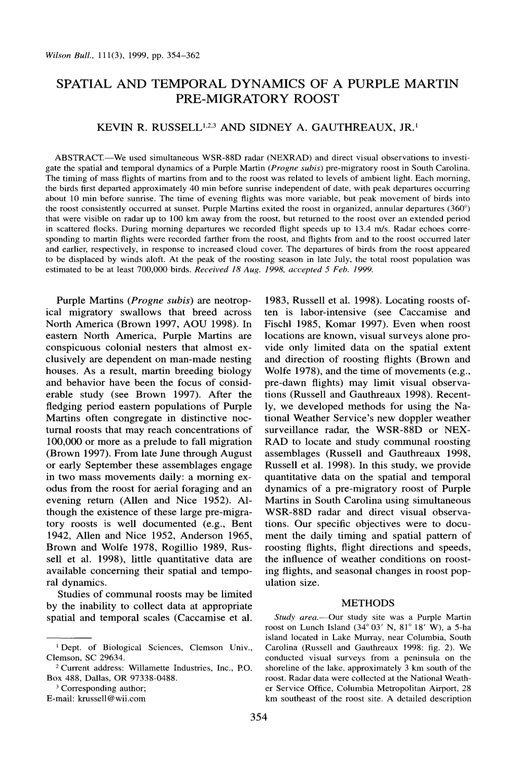 Spatial and Temporal Dynamics of a Purple Martin Pre-Migratory Roost