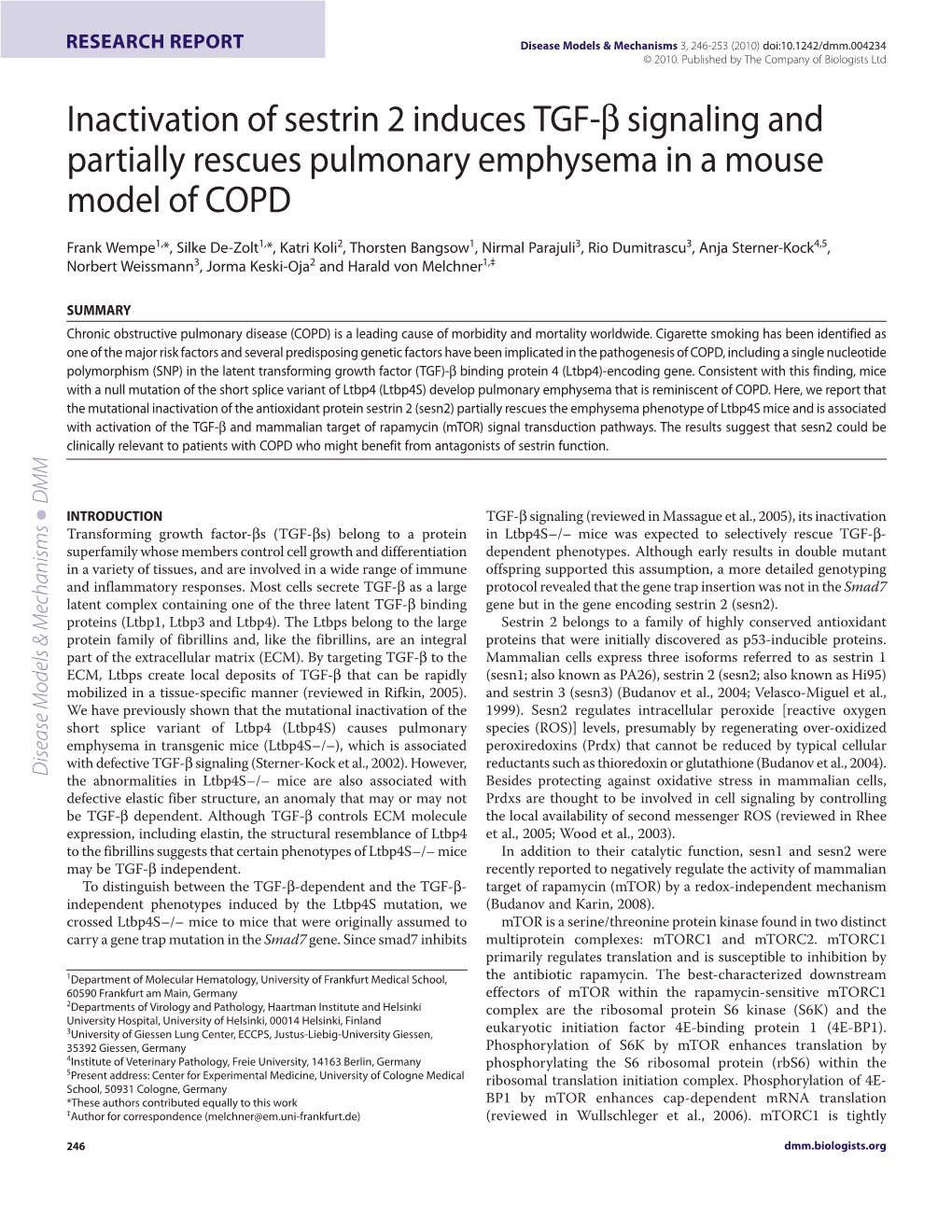 Inactivation of Sestrin 2 Induces TGF-B Signaling and Partially Rescues Pulmonary Emphysema in a Mouse Model of COPD