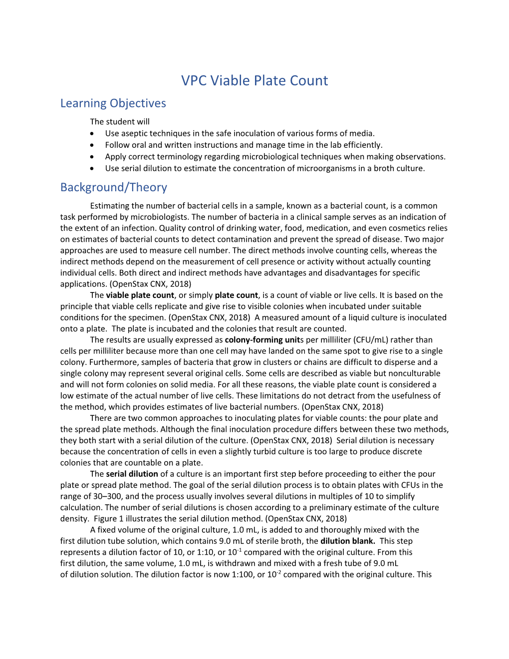 VPC Viable Plate Count Learning Objectives the Student Will  Use Aseptic Techniques in the Safe Inoculation of Various Forms of Media