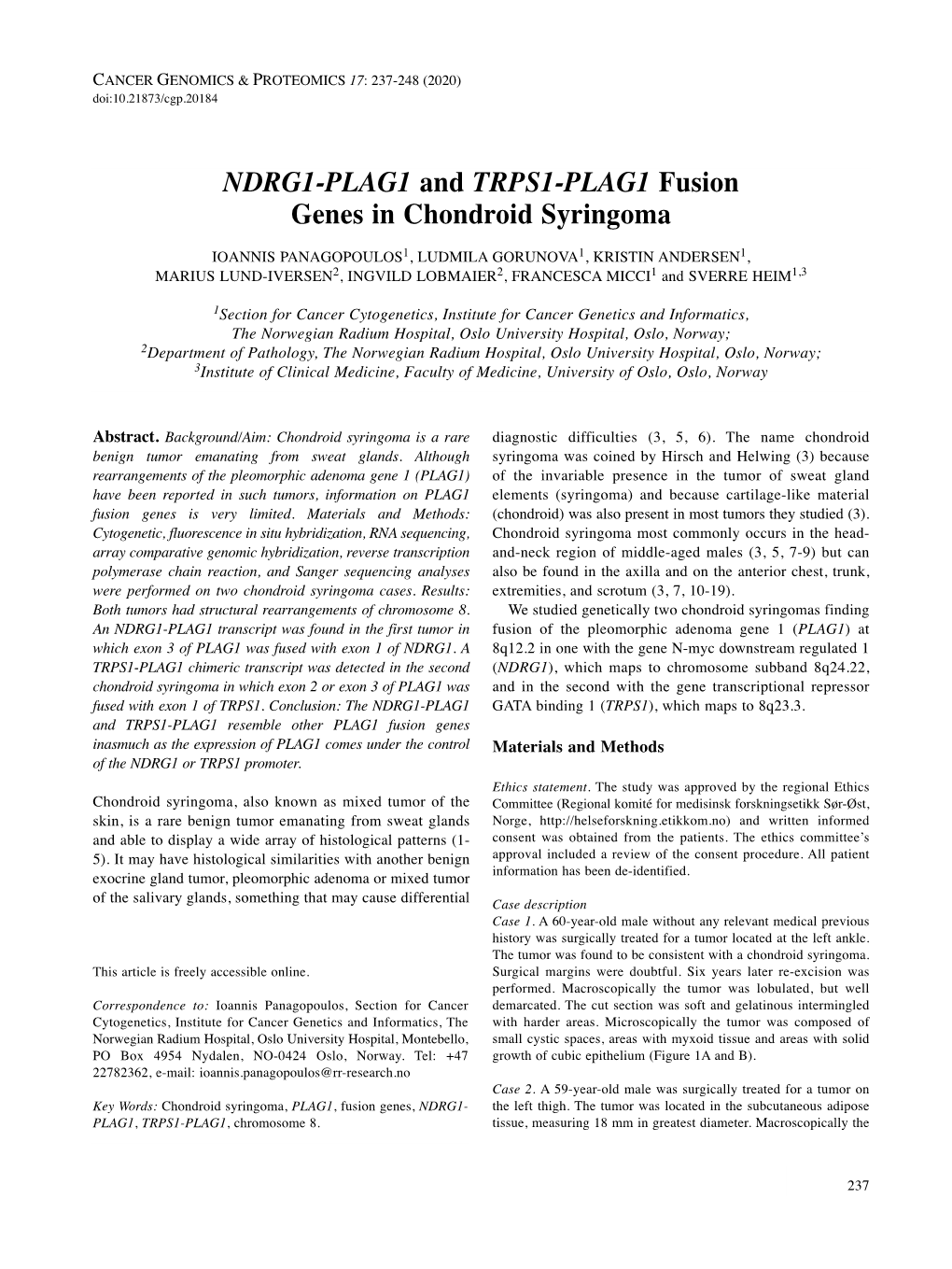 NDRG1-PLAG1 and TRPS1-PLAG1 Fusion Genes in Chondroid