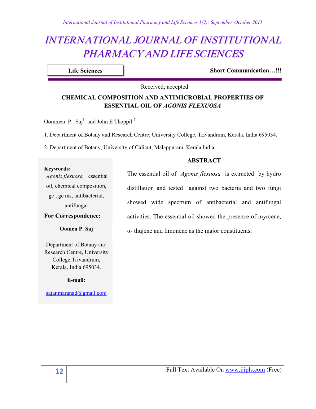 Chemical Composition and Antimicrobial Properties of Essential Oil of Agonis Flexuosa