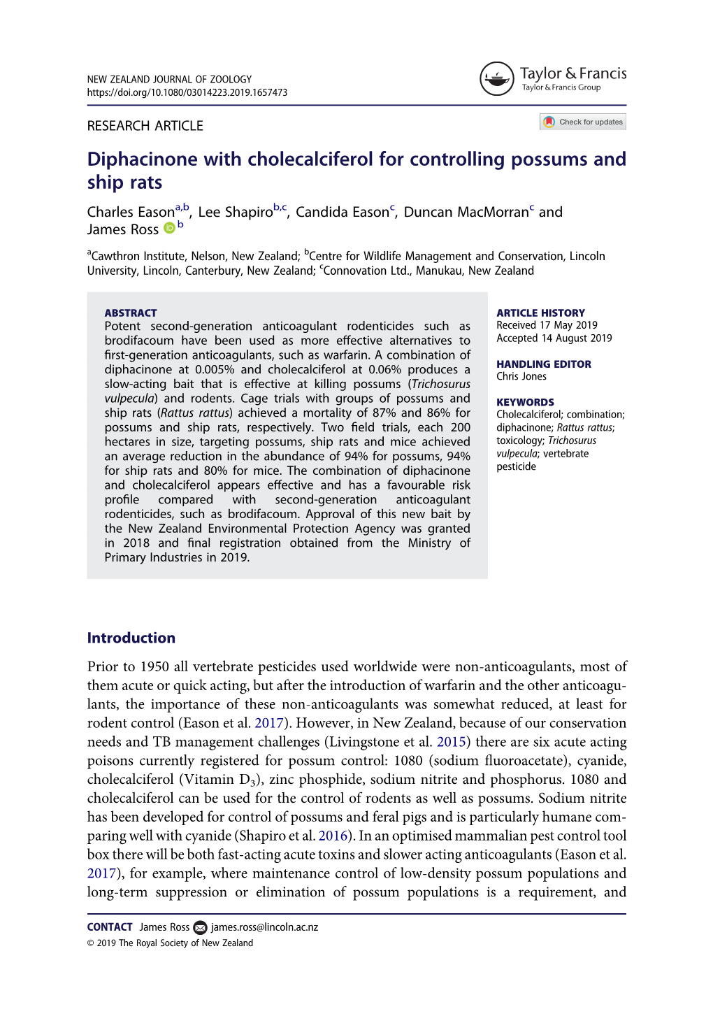 Diphacinone with Cholecalciferol for Controlling Possums and Ship Rats