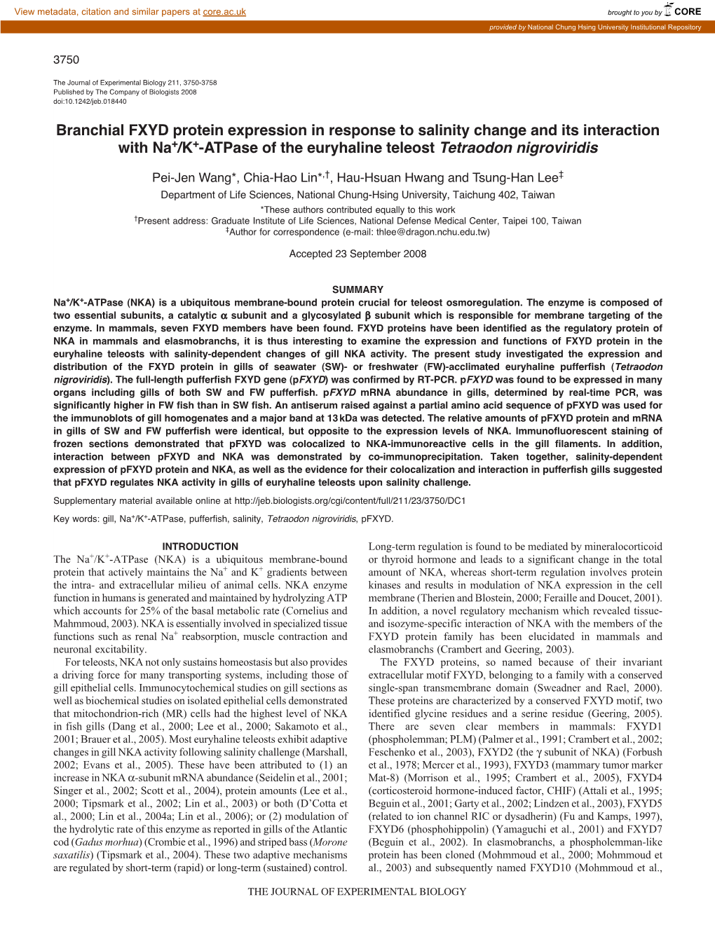 Branchial FXYD Protein Expression in Response to Salinity Change and Its Interaction with Na+/K+-Atpase of the Euryhaline Teleost Tetraodon Nigroviridis