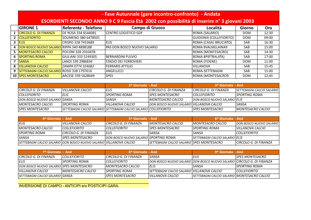 Calendario Esor 2° Anno