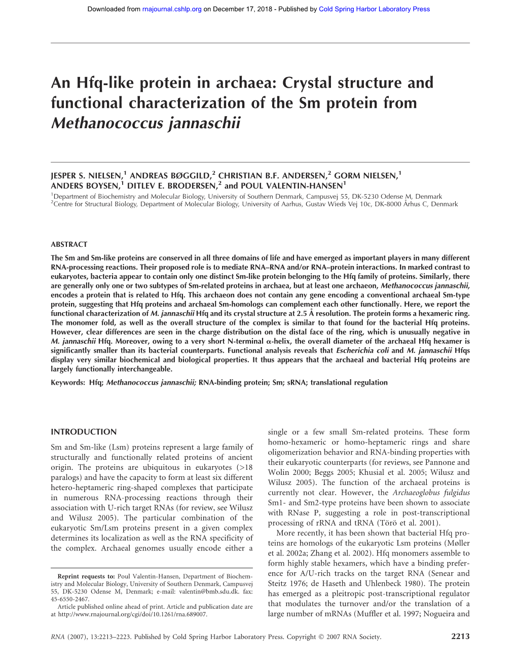 An Hfq-Like Protein in Archaea: Crystal Structure and Functional Characterization of the Sm Protein from Methanococcus Jannaschii