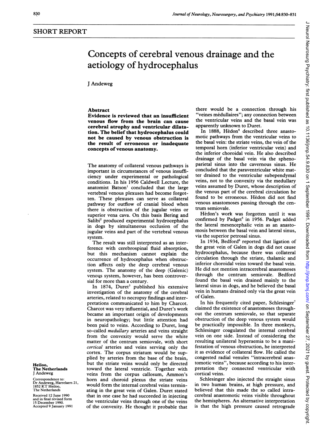 Concepts of Cerebral Venous Drainage and the Aetiology of Hydrocephalus