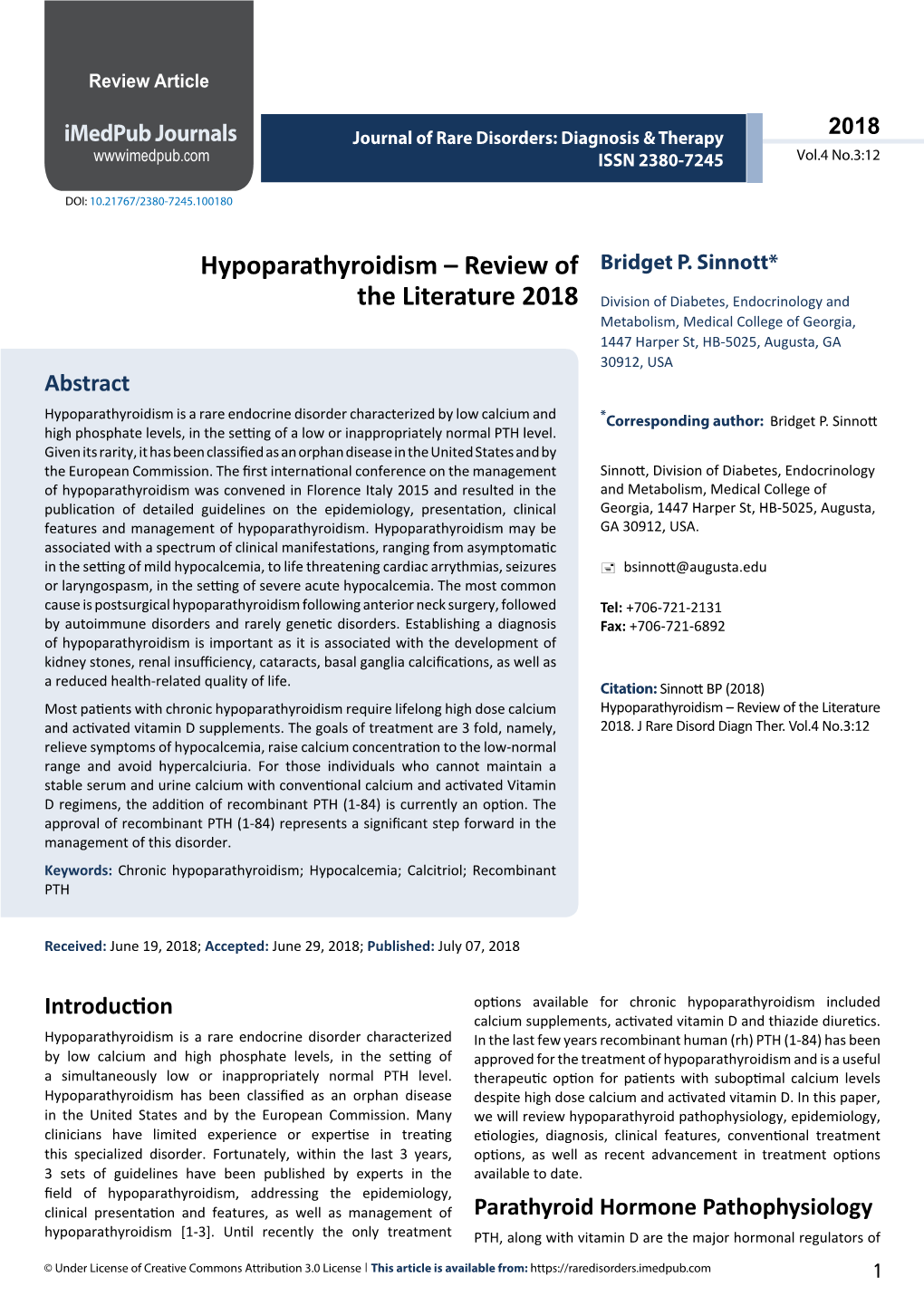 Hypoparathyroidism – Review of the Literature 2018