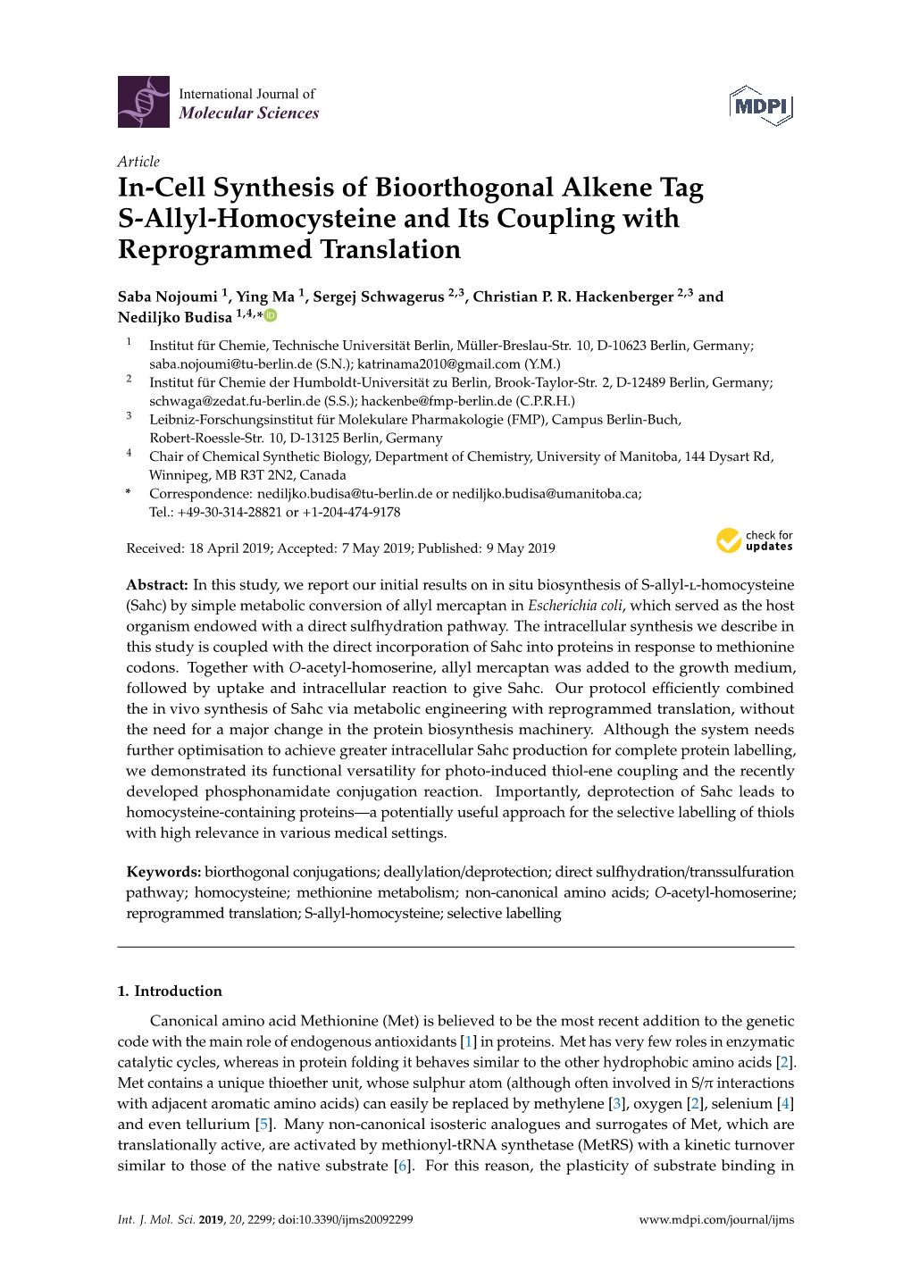 In-Cell Synthesis of Bioorthogonal Alkene Tag S-Allyl-Homocysteine and Its Coupling with Reprogrammed Translation